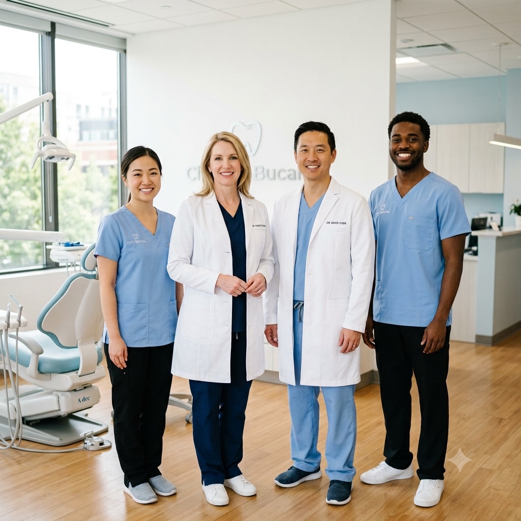 Equipe odontológica da Clinic Bucal sorrindo no consultório